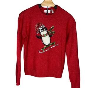 Children's Place Red sequin Penguin Christmas sweater sparkly knit girls 10-12